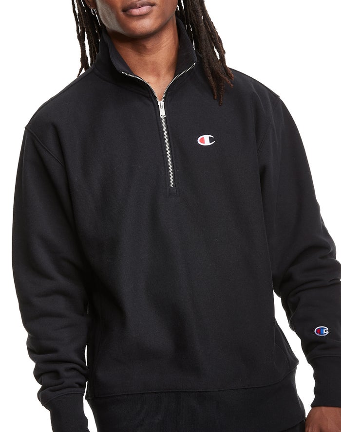 Champion Mens Sweatshirt NZ - Reverse Weave 1/4 Zip Embroidered C Logo Black ( 5617-NCSZQ )